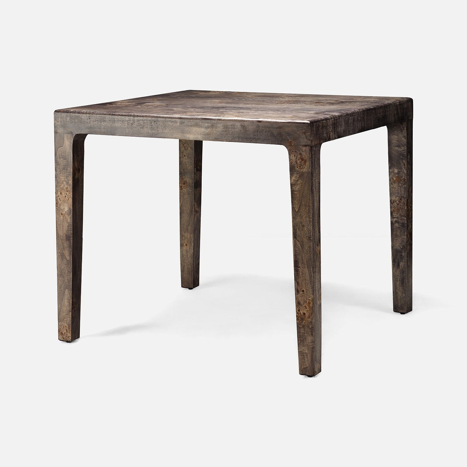 Square burl table with a rustic finish on a white background
