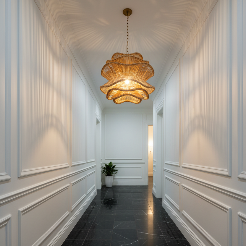 A modern, elegant hallway featuring a distinctive wavy, scalloped white ceiling, white paneled walls, a glowing wavy pendant light, and glossy black marble floor tiles.