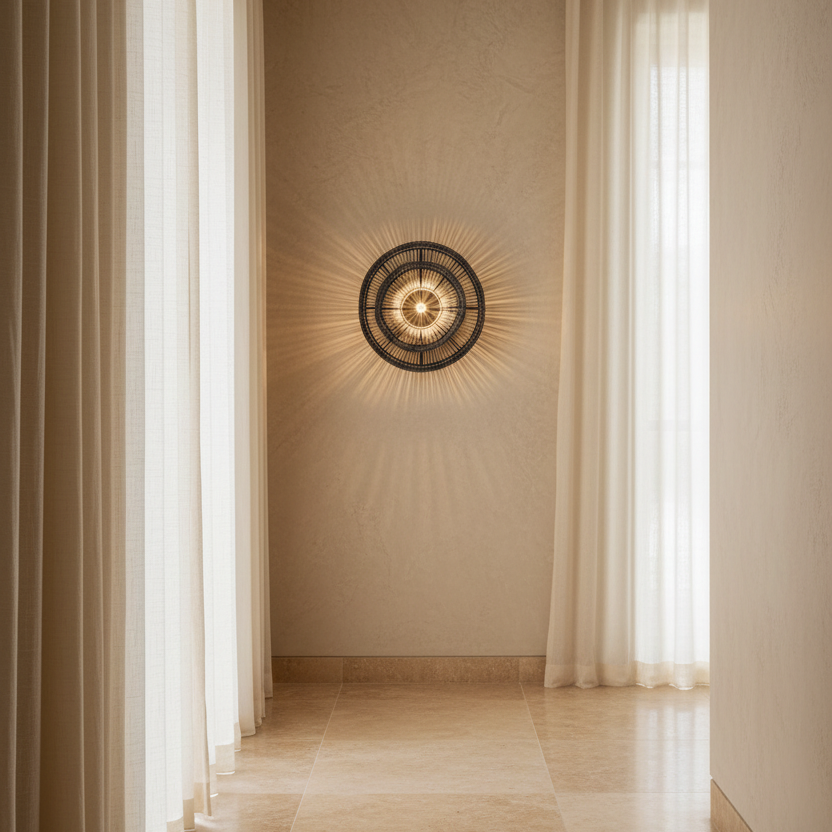 A round black metal sunburst wall sconce with a glowing light, mounted on a beige wall in a hallway with cream curtains and tiled floors.