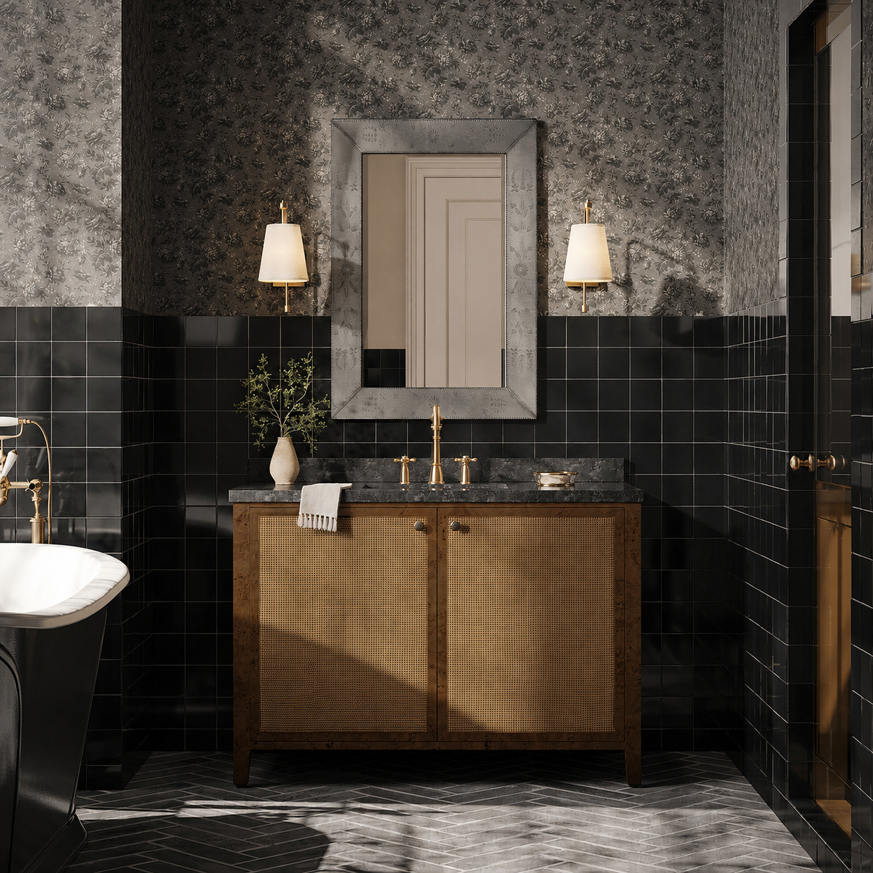 Bathroom with dark tiled walls, wooden vanity, and decorative elements.