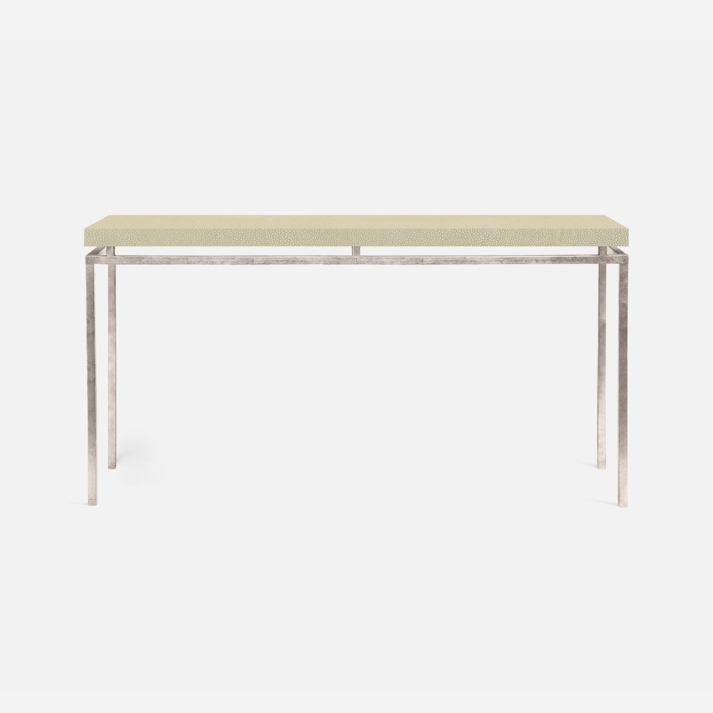 A modern console table featuring a light beige textured fabric top and a silver-toned metal frame with slim legs, shown against a plain white background.