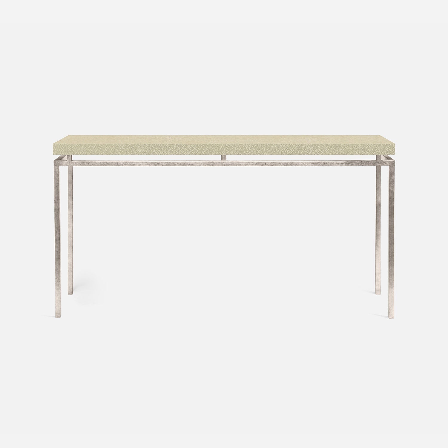 A modern console table featuring a light beige textured fabric top and a silver-toned metal frame with slim legs, shown against a plain white background.