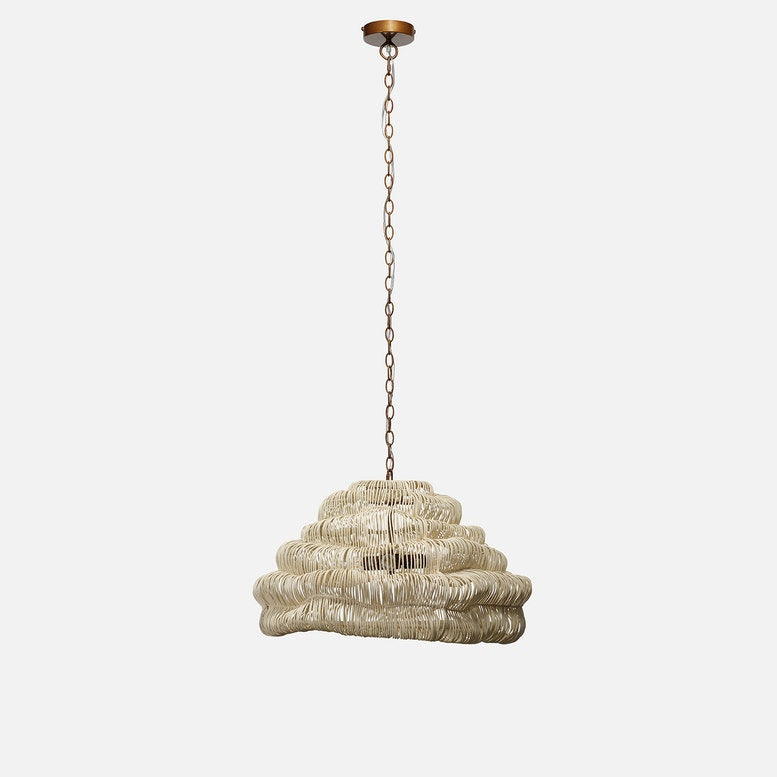 Woven pendant light on a white background