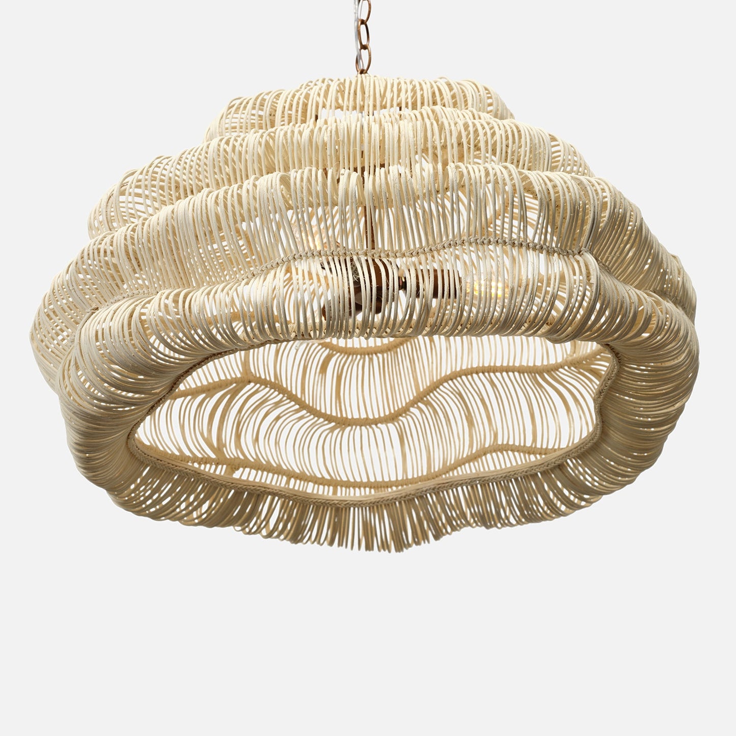 Woven beige pendant light on a white background