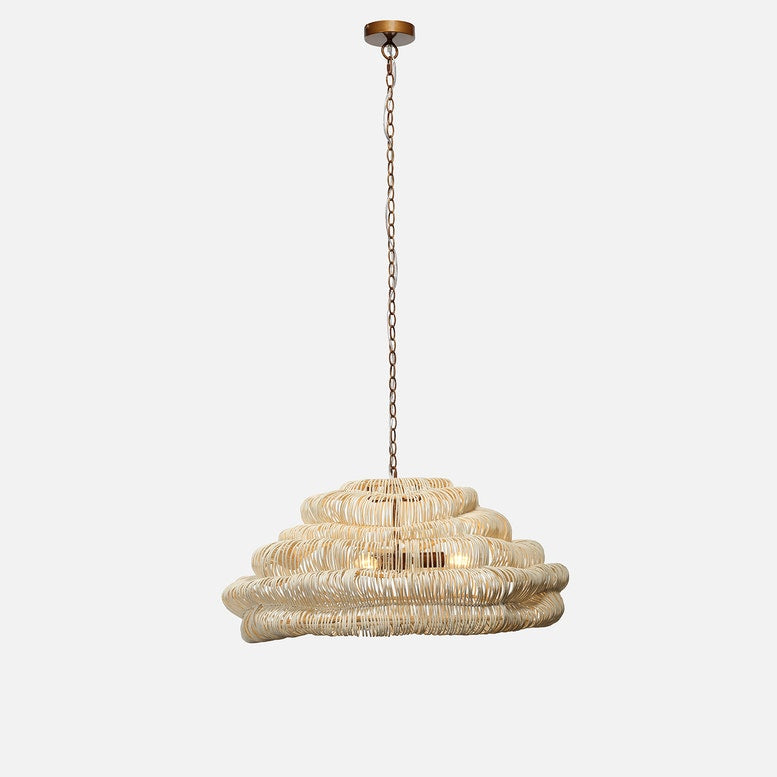 Beige woven pendant light on a white background