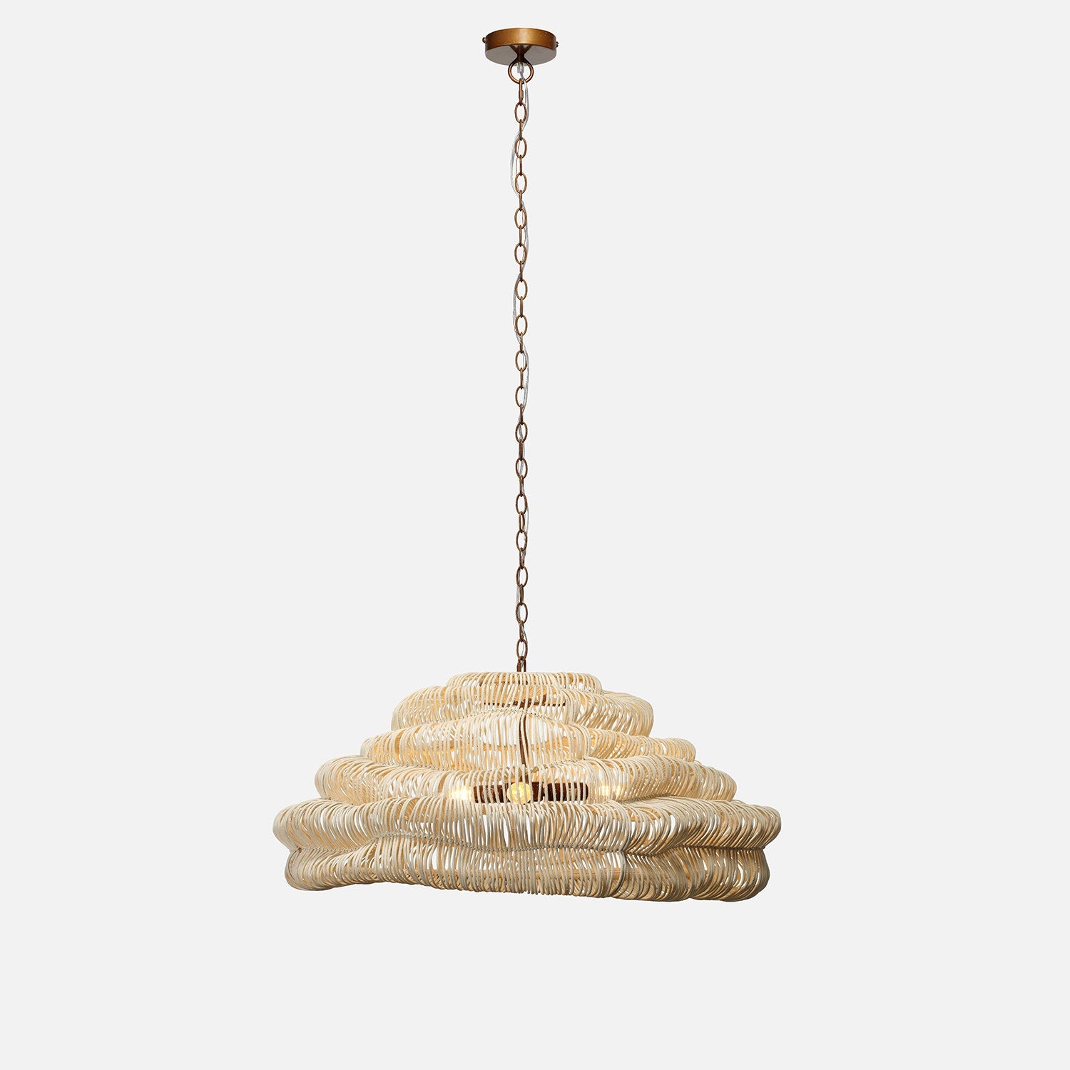 Beige pendant light with a chain on a white background