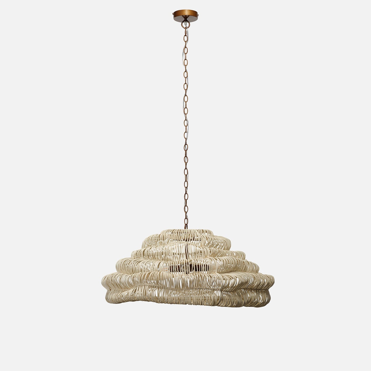 Woven pendant light on a white background