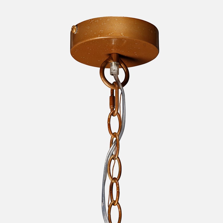 Ceiling light fixture with brown metal canopy and chain on a white background