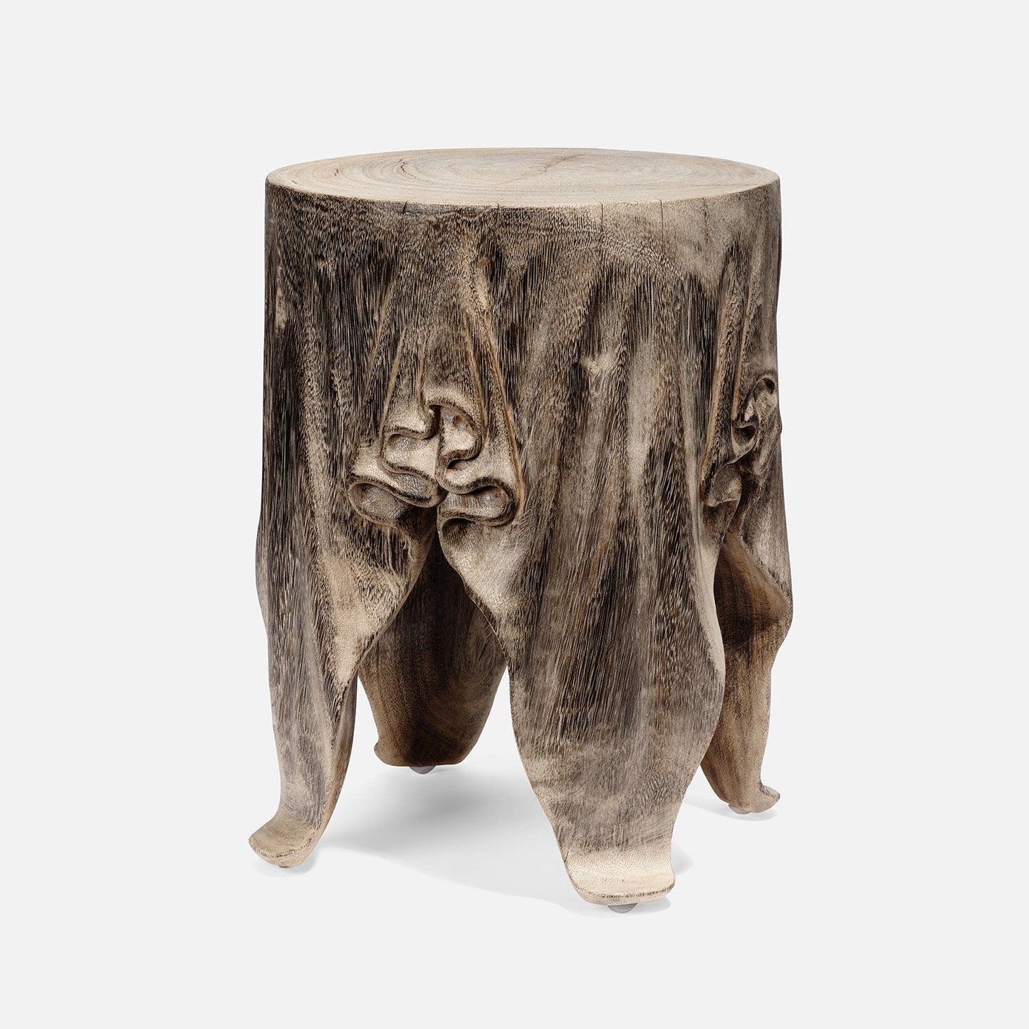 Wooden stool with a natural, textured surface on a white background