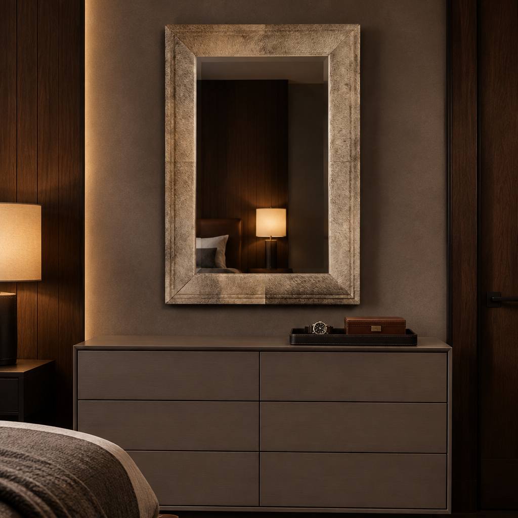 A rectangular wall mirror with a textured, distressed silver frame hangs on a warm brown wall above a modern gray dresser in a styled bedroom setting.