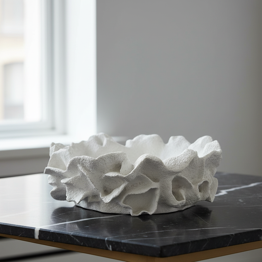 A white, textured, ruffled ceramic bowl or planter displayed on a black marble tabletop in a modern room setting.