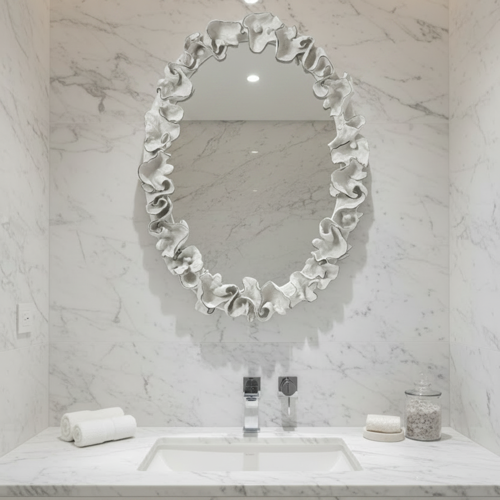 An oval bathroom mirror with a sculptural, ruffled metallic frame in a silver finish, mounted on a white marble wall above a matching marble vanity with a sink.
