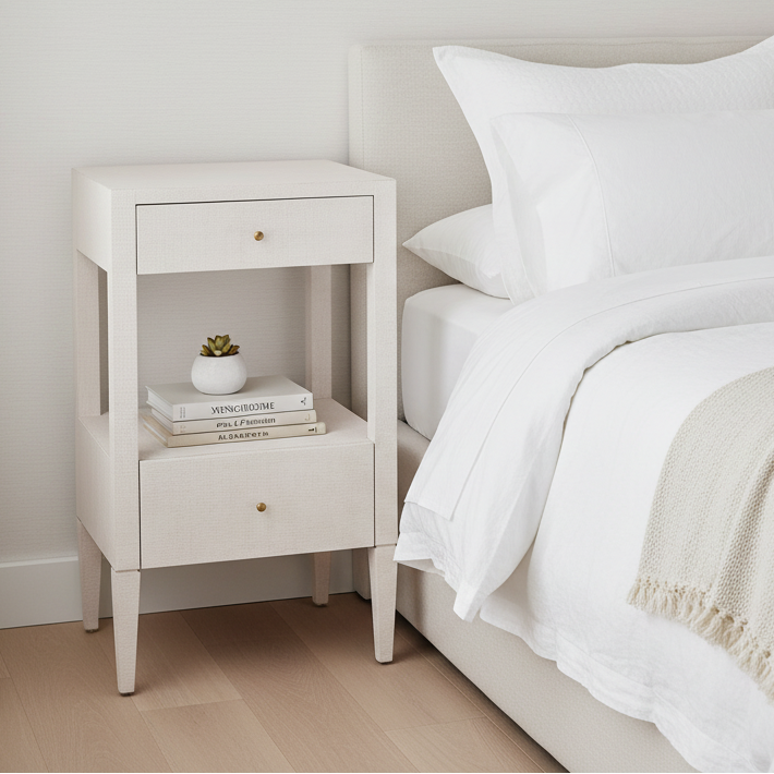 A light beige wooden nightstand with two drawers and open shelving, styled beside a bed with white bedding and pillows in a bright bedroom.