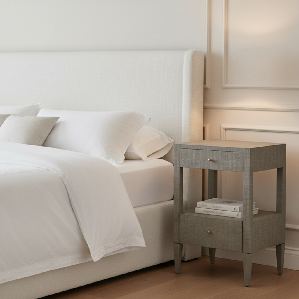 A modern bedroom scene featuring a light gray textured nightstand with two drawers and an open shelf, styled next to a bed with white linens and a white table lamp with a sculptural base.