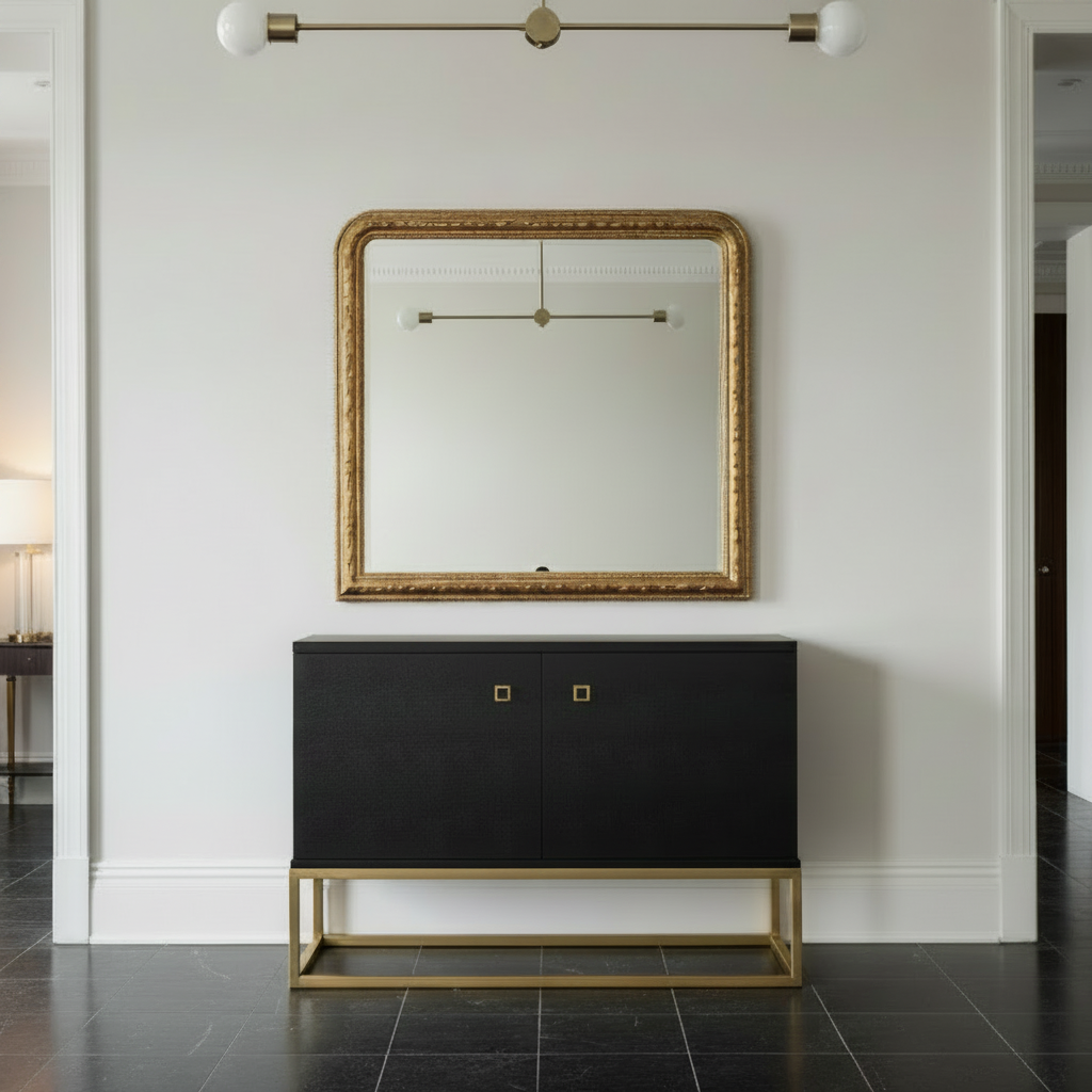 A black two-door cabinet with a gold metal frame base and small gold square handles, positioned beneath a large ornate gold mirror in a white hallway.