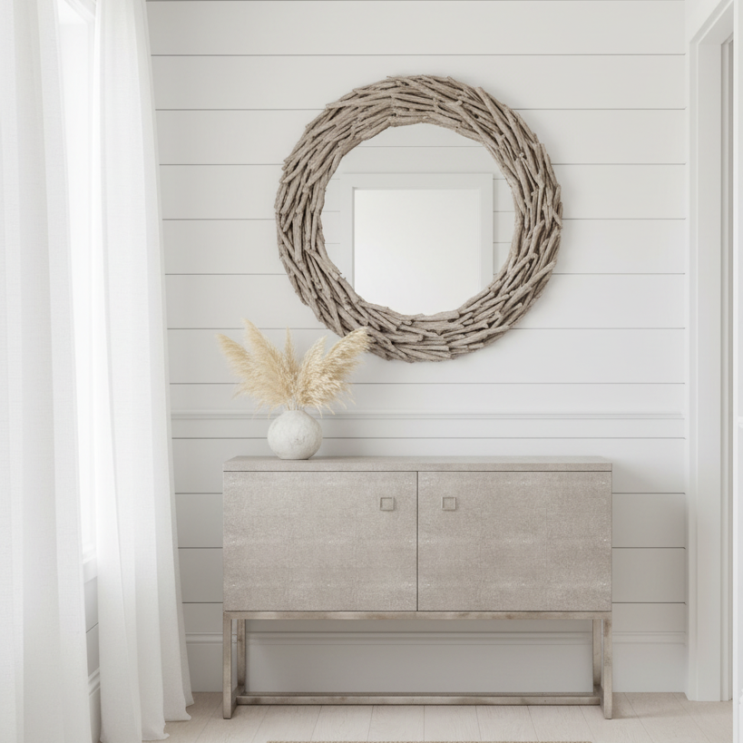 A styled interior entryway featuring a round woven wicker mirror on a white shiplap wall above a light gray console cabinet with a vase of pampas grass. A beige woven rug is on the floor in front.
