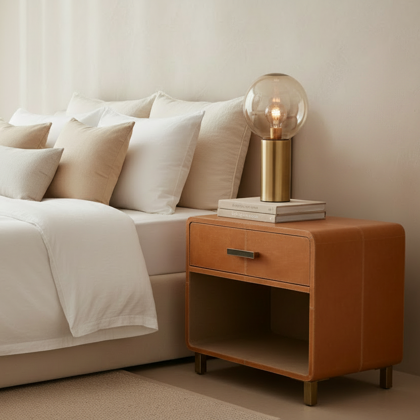 A modern tan leather nightstand beside a bed with white linens and beige pillows, holding a brass table lamp with a clear glass globe bulb and stacked books.