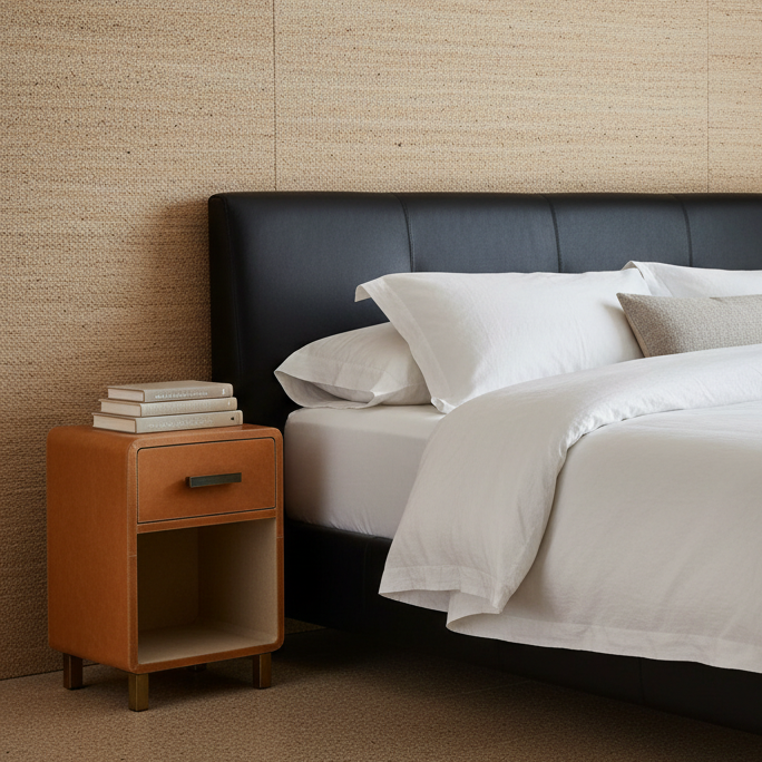 A modern bedroom scene featuring a bed with crisp white linens, a black leather headboard, a warm brown wooden nightstand with books, and a textured beige woven wall background.