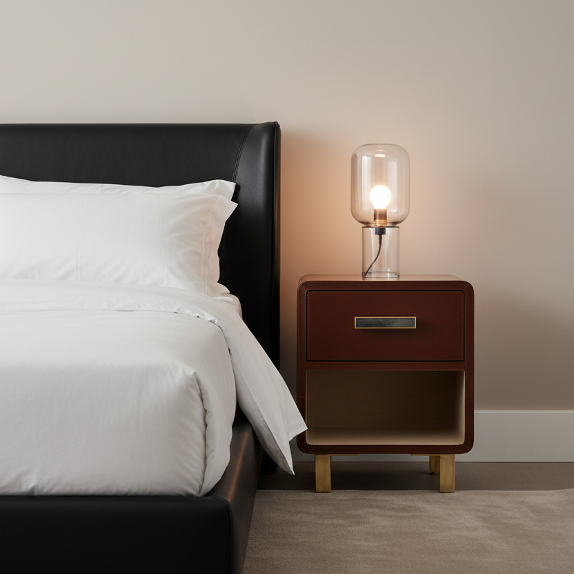 A modern bedroom scene showing a black leather bed frame with white bedding next to a dark wood nightstand with a lit glass table lamp.