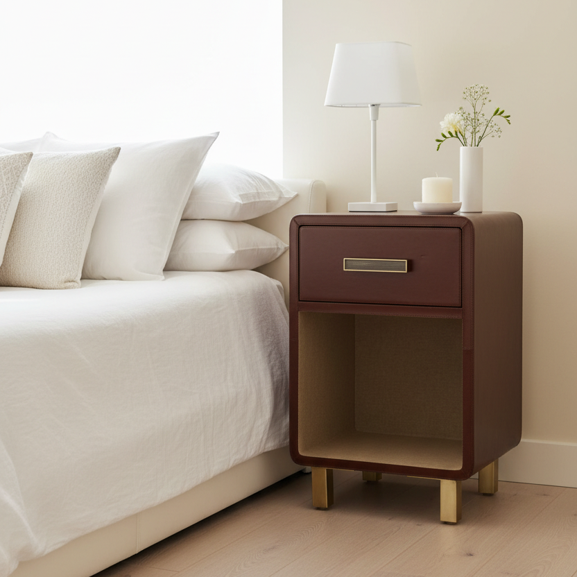 A modern bedside table with a dark reddish-brown finish, a single drawer with a gold-tone handle, and an open lower shelf on gold legs, styled next to a bed in a bright bedroom.