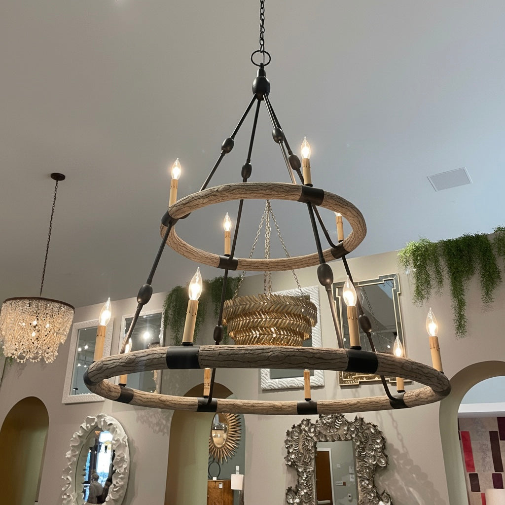 gray and black two tiered chandelier in a showroom