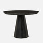 Black round dining table with a unique base design on a white background