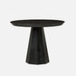 Black round table with a unique base design on a white background