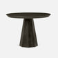 Round dark wooden table with a thick base on a white background