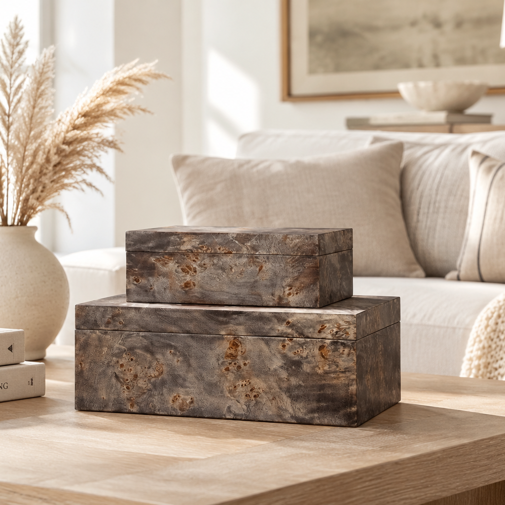 Two stacked rectangular wooden storage boxes with a dark weathered finish and natural wood grain, displayed on a light wood table in a cozy living room setting.
