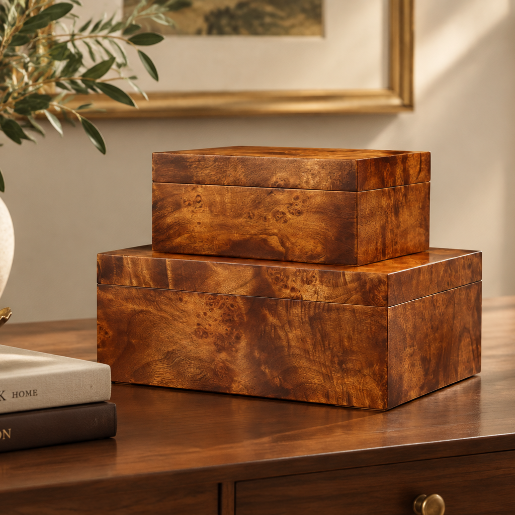 Two stacked rectangular wooden storage boxes with a rich burl wood grain finish, displayed on a dark wood table next to books and a vase.