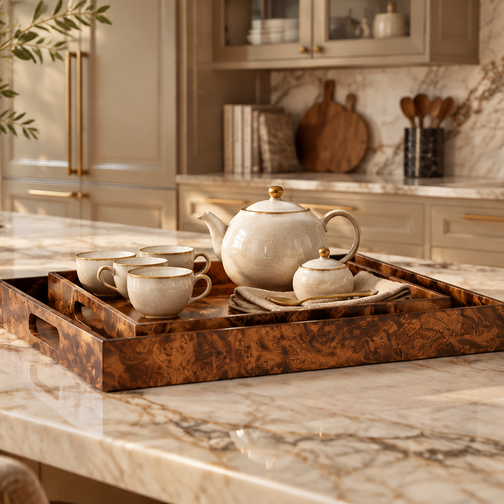 A ceramic tea set with a teapot, cups, and small container arranged on a decorative brown tray in a modern kitchen setting.