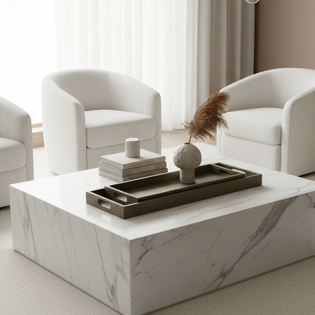 A modern square coffee table with a white marble pattern, styled in a bright living room with two white armchairs and a dark tray holding books and decorative objects.