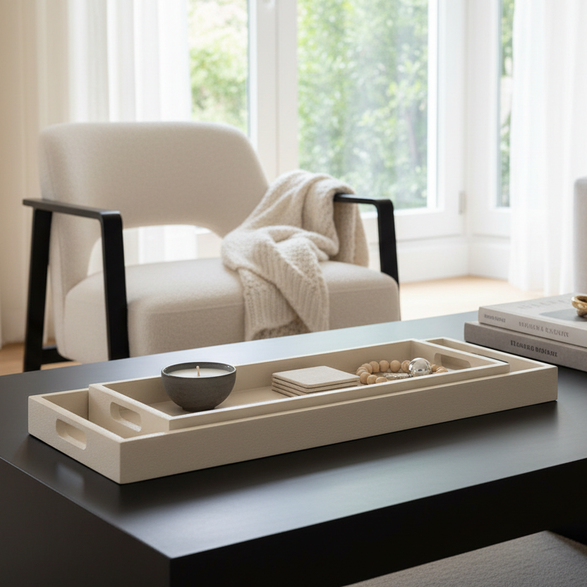A long rectangular cream-colored tray with cutout handles sits on a dark coffee table in a bright, modern living room. The tray contains a small gray candle, stacked neutral coasters, and a beaded bracelet.