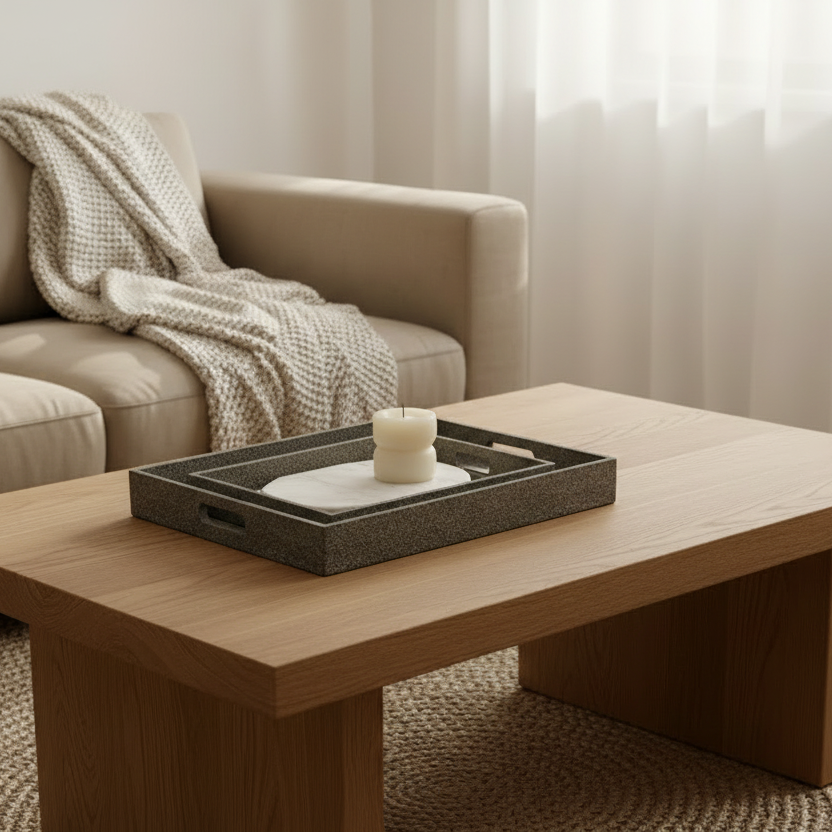 A dark gray rectangular serving tray with cutout handles sits on a light wood coffee table in a bright, modern living room. The tray is styled with a small textured ceramic vase containing dried grasses and greenery, a small white candle, and stacked books.