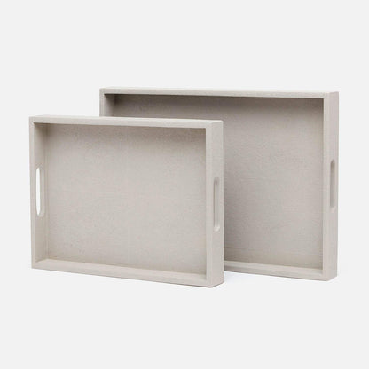 Two light gray trays with handles on a white background