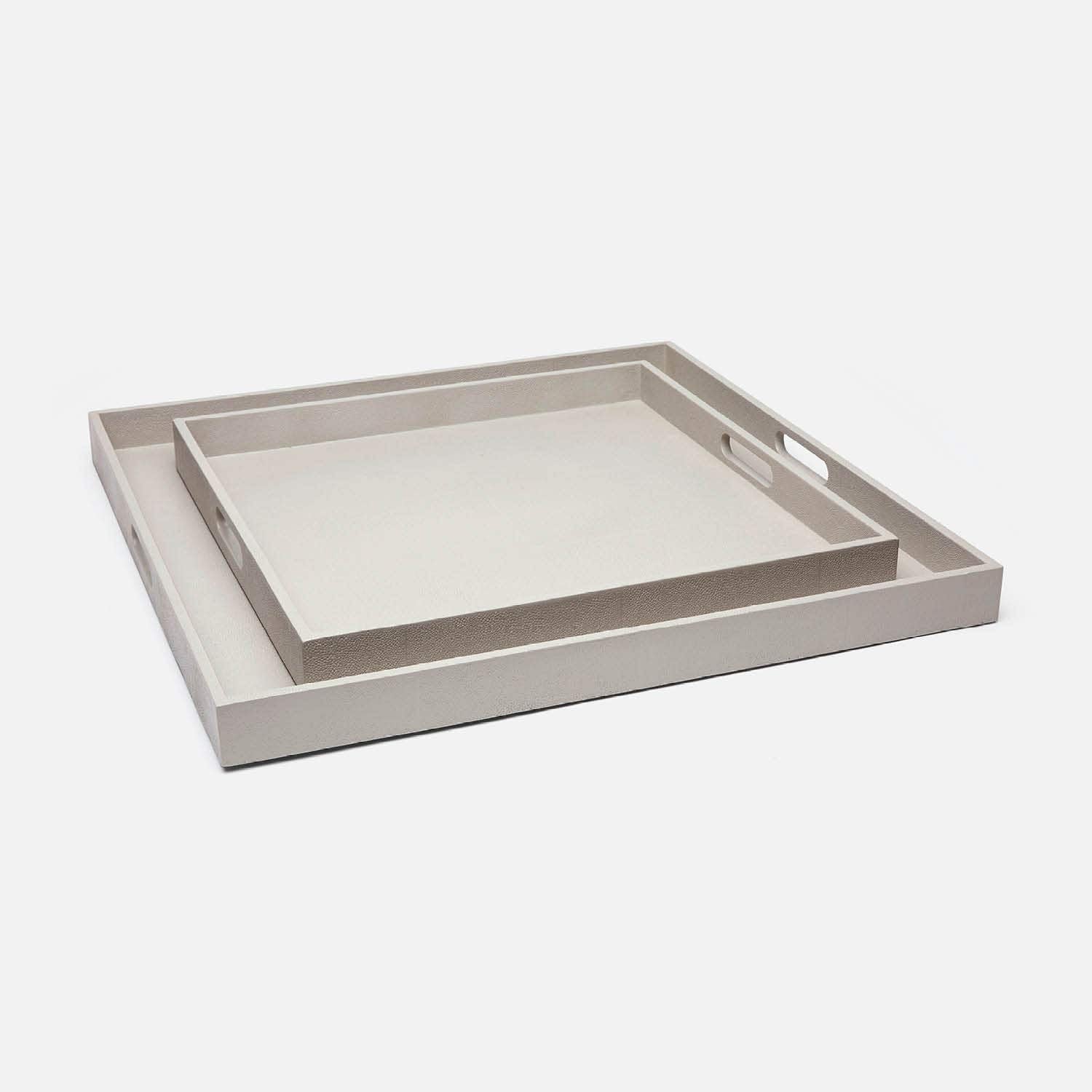 Set of two square trays with a light gray finish on a white background