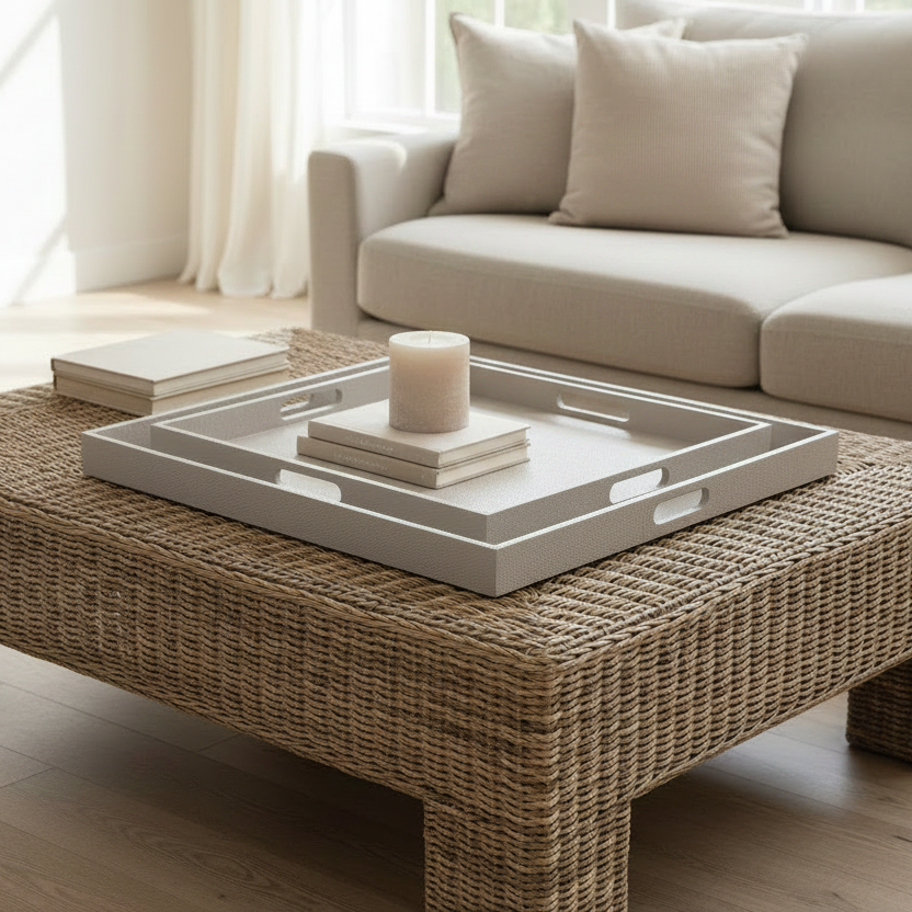 A square woven rattan coffee table in a bright living room, styled with a white tray, books, and a candle, with a beige sofa in the background.