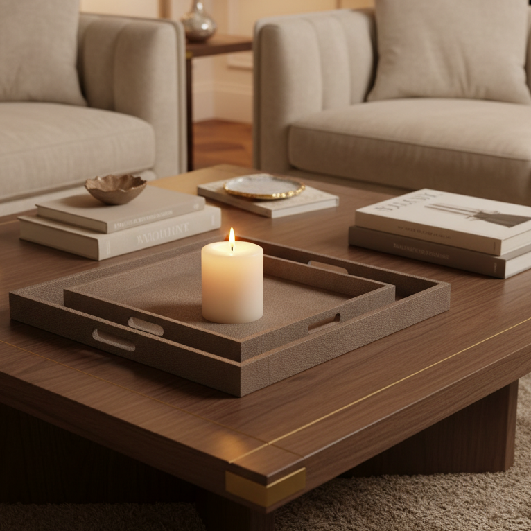 A styled living room scene with a wooden coffee table in the foreground, holding a gray textured tray with a lit white candle, stacked books, and small decor items. Two upholstered armchairs, a floor lamp, and a fireplace are visible in the background.