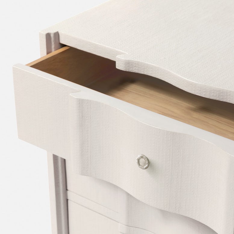 Close-up of a white dresser with an open drawer on a light gray background
