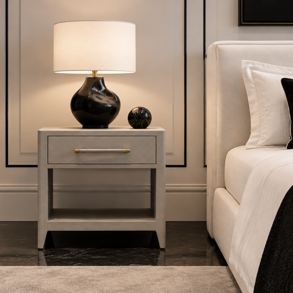 A modern bedside table in a warm gray finish, styled with a black ceramic table lamp and a small dark marble sphere. The table is set in a bedroom next to a bed with white bedding and a beige upholstered headboard.