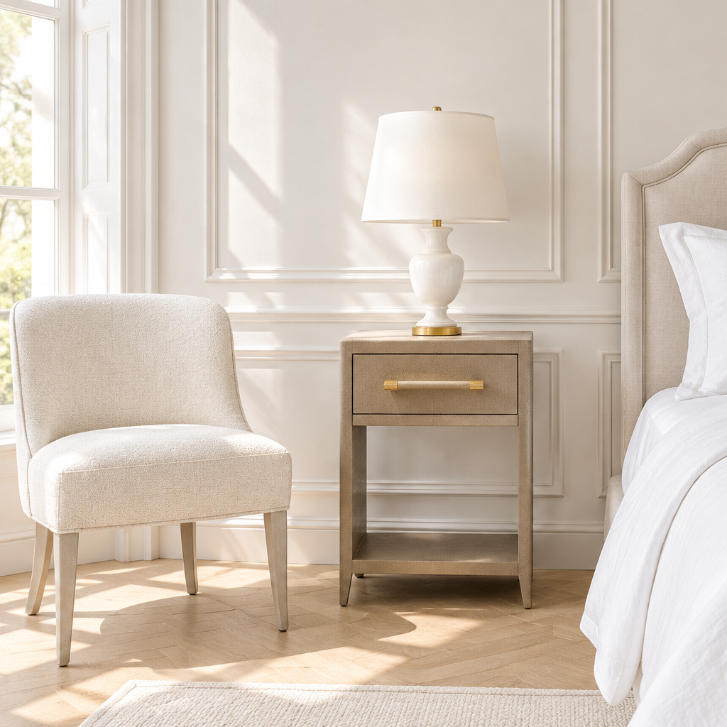 A styled bedroom corner featuring a cream upholstered accent chair next to a light wood nightstand with a white table lamp, set against a beige paneled wall with a bed partially visible on the right.