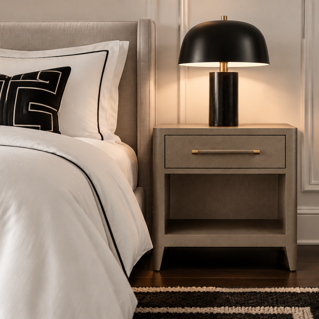 A modern black table lamp with a gold accent and a black dome shade sits on a gray nightstand next to a bed with white linens and a black decorative pillow.
