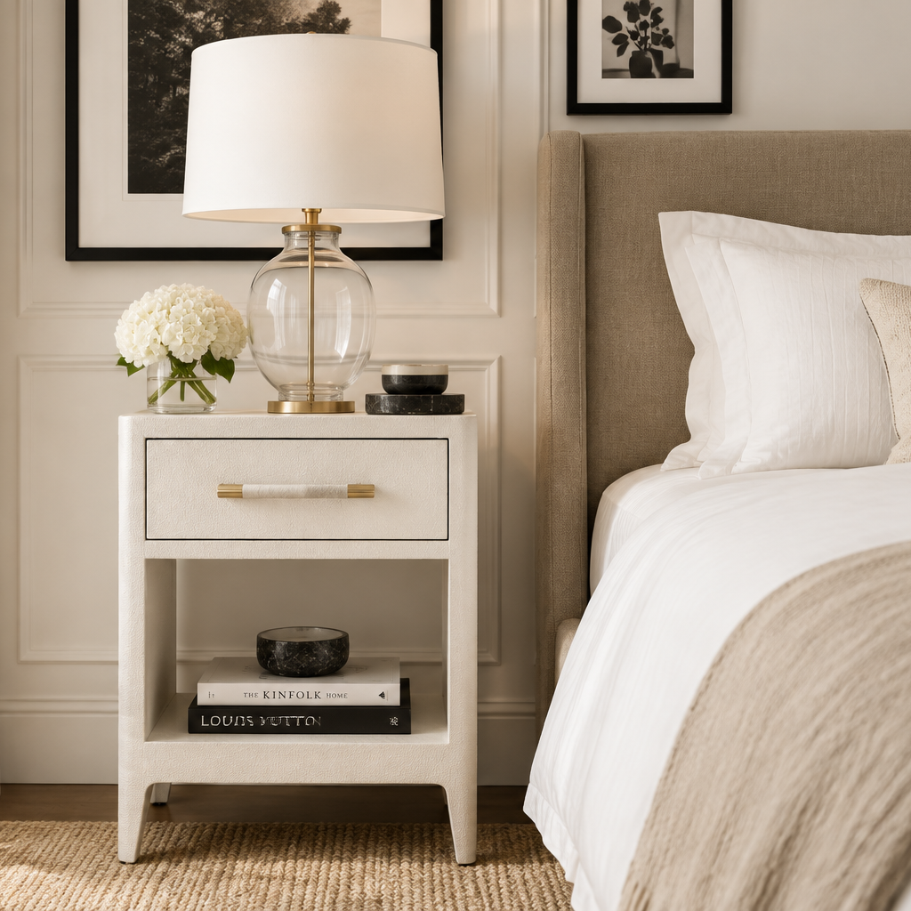 A white nightstand in a styled bedroom setting, featuring a clear glass lamp base with a white drum shade, a vase of white flowers, and decorative books on the shelf.
