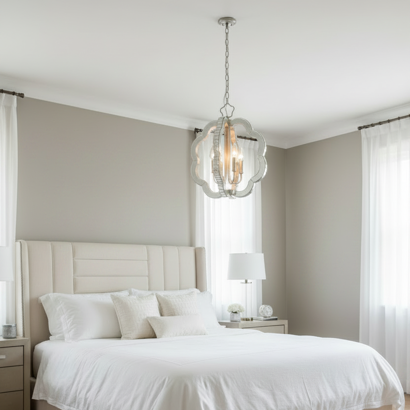 A modern pendant light with a silver-toned metal frame and clear glass panels hangs over a neatly made bed in a bright, neutral-toned bedroom.