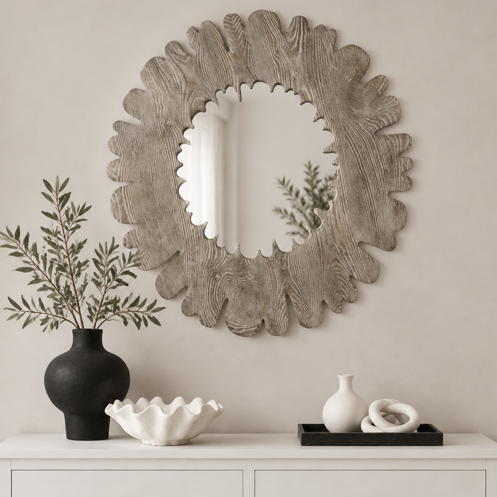 A round decorative wall mirror with a textured, scalloped wood-grain frame in a weathered gray finish, mounted on a beige wall above a white console table styled with vases and decor.
