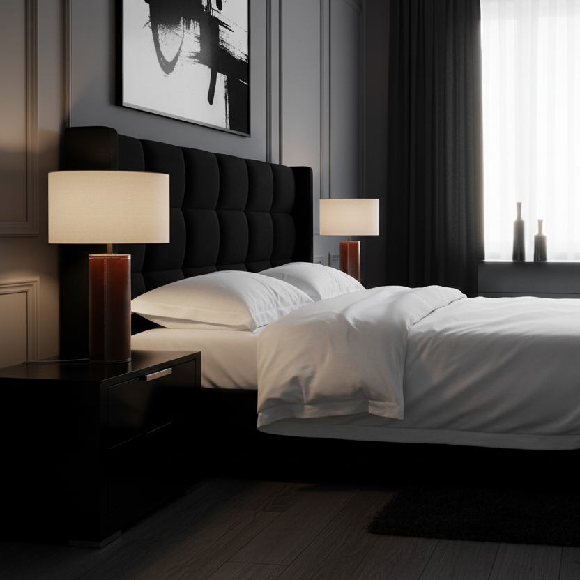 A modern bedroom scene featuring a black tufted bed frame with crisp white bedding, flanked by matching black nightstands and lit with warm table lamps. The background includes dark gray walls, a black headboard, and a window with sheer curtains.