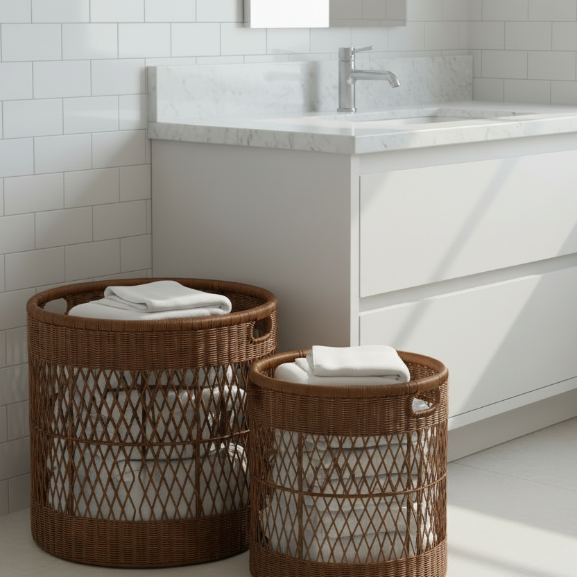 Two brown woven wicker laundry baskets with handles, one large and one small, placed on a light tiled floor in a bright, modern bathroom next to a white vanity.