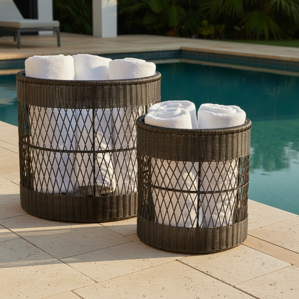 Two dark brown wicker baskets with diamond mesh fronts, filled with white rolled towels, placed on a stone patio beside a swimming pool.