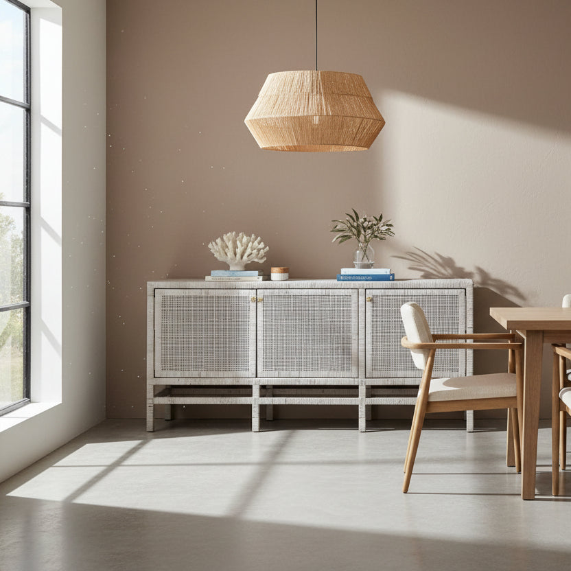 A modern three-door sideboard cabinet with a light gray textured frame and woven cane doors, featuring small brass handles, shown against a plain light gray background.