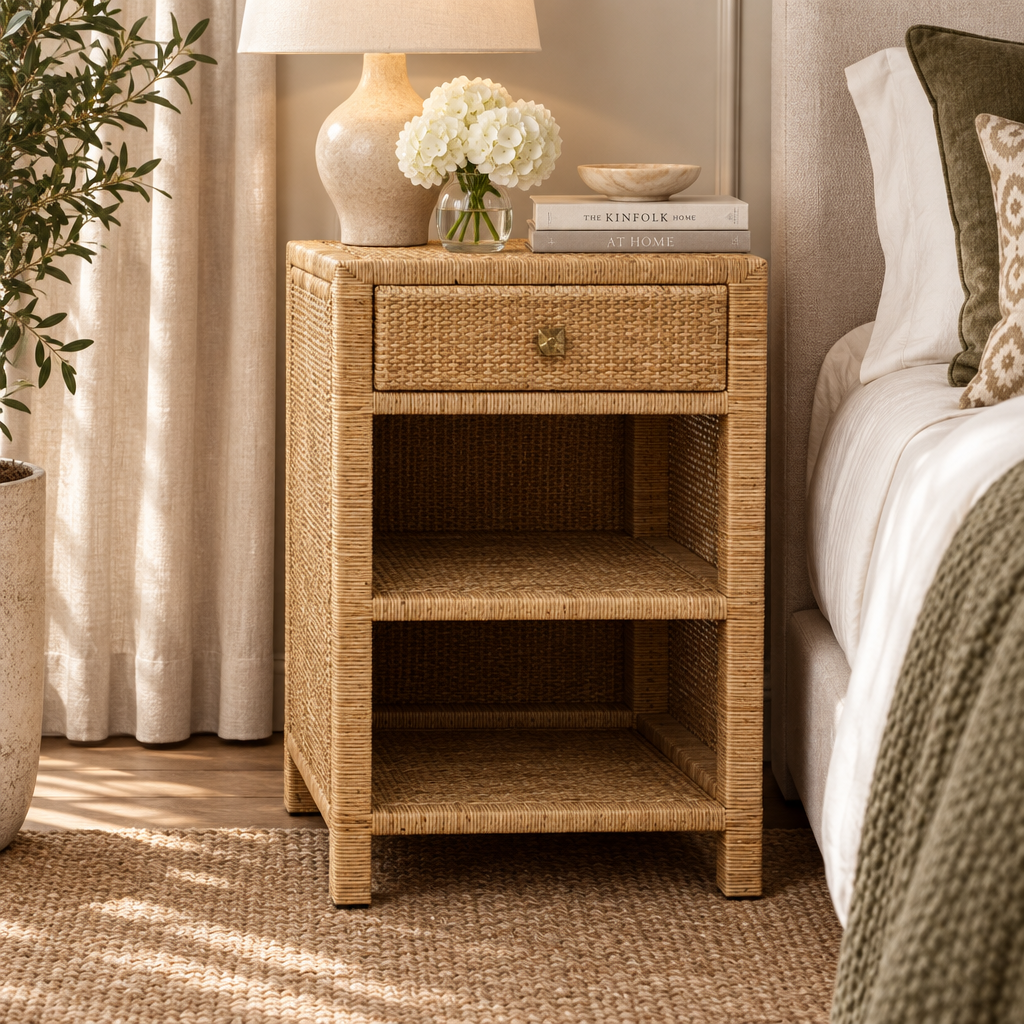 A natural woven rattan nightstand with a single drawer and two open shelves, styled next to a bed with a ceramic lamp and white flowers on top.